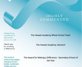 Hewett Academy Pearson National Teaching Awards Certificate 2025